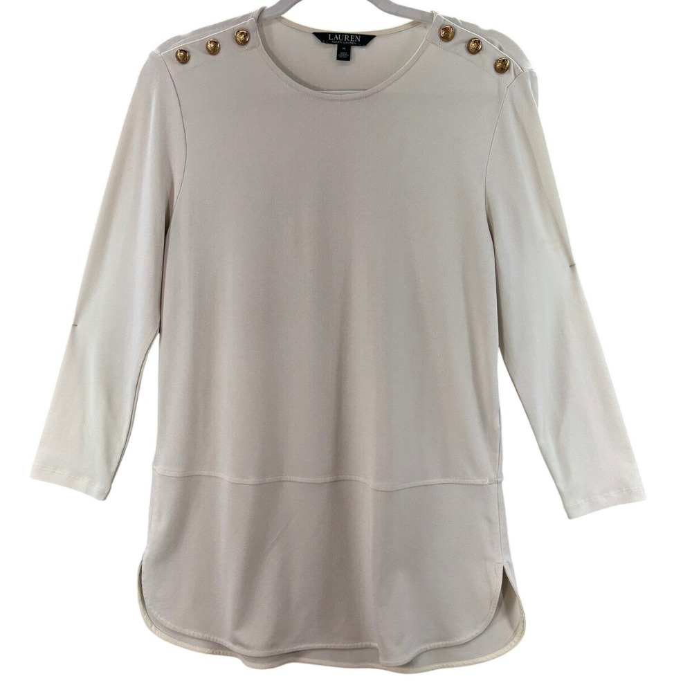 Lauren Ralph Lauren Tunic Women Medium Cream Gold Button Shoulder 3/4 Sleeve